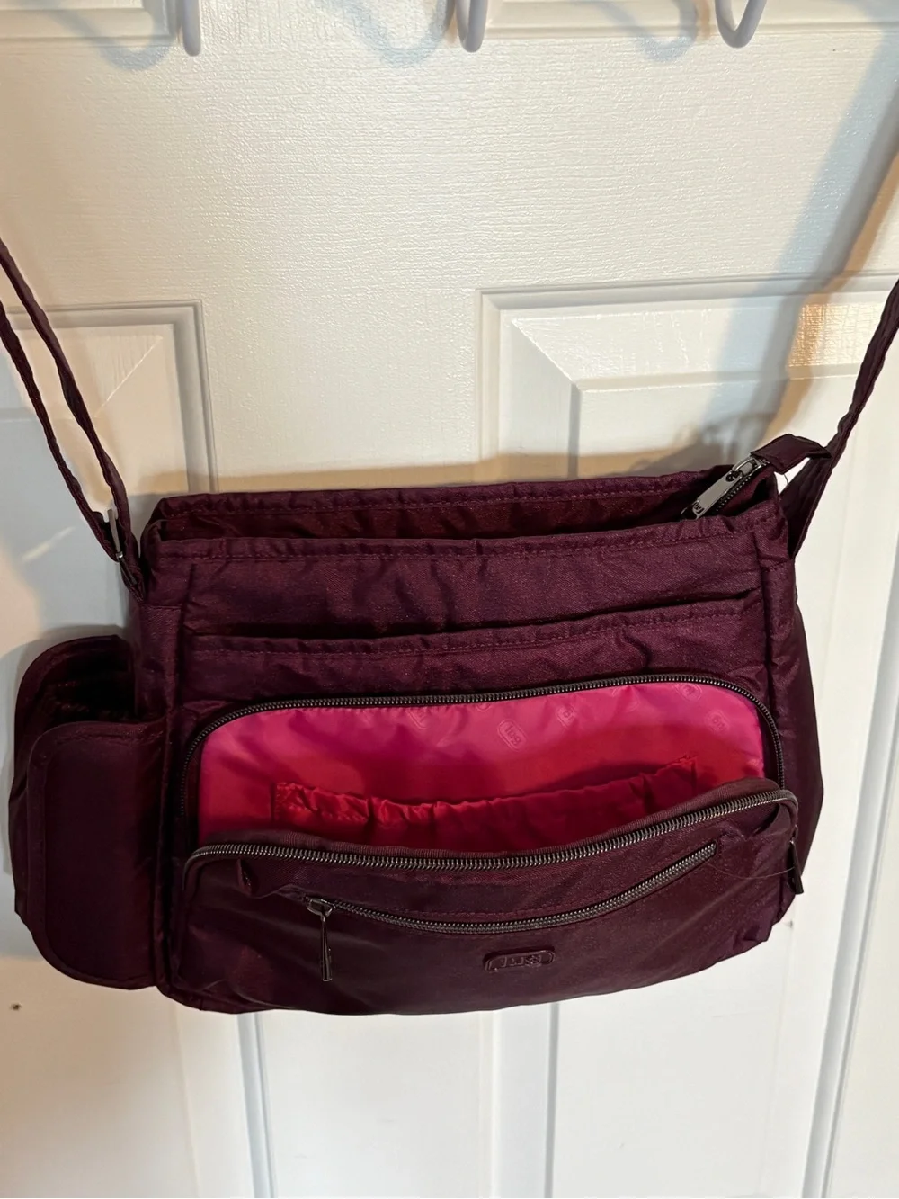 lug Quilted Shimmy Crossbody Bag in Burgundy with Pink Lining - Picture 3 of 4